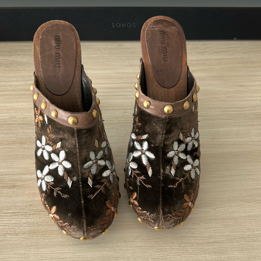 Miu Miu brown velvet embroidered clog/mules